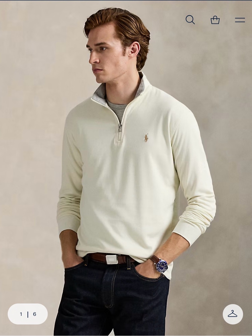 Ralph Lauren Men's Off-White Quarter-Zip Pullover with Contrast Collar